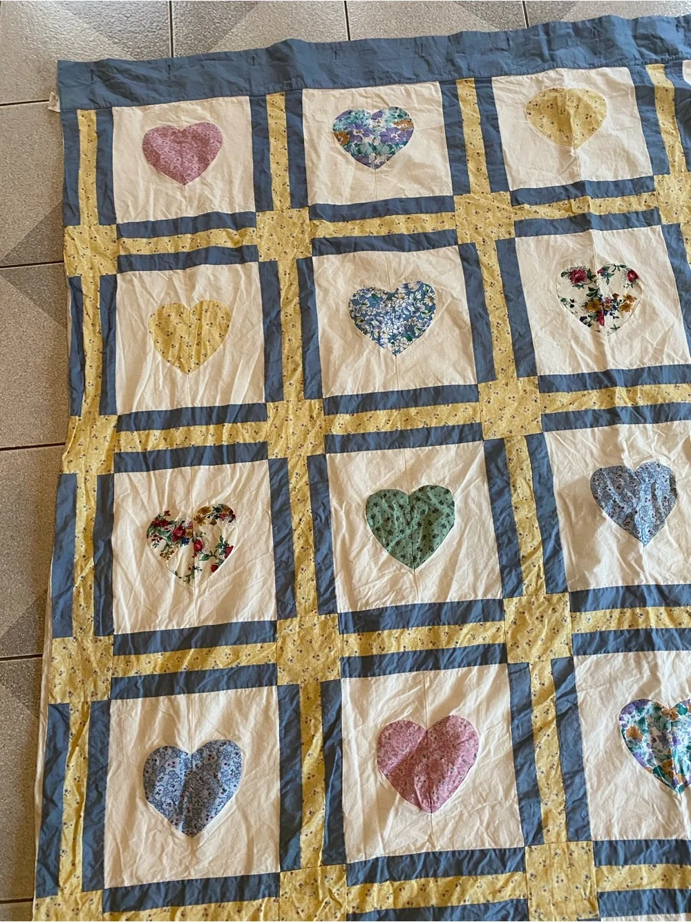 jcpenney Blue, Yellow and Cream Heart Patchwork Quilt shower curtain